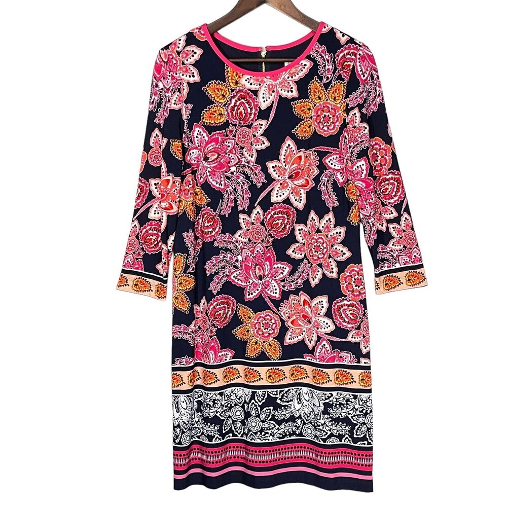 Eliza J Mini Dress Size M Navy Blue with Pink‎ Floral Print Lined 3/4-Sleeves
